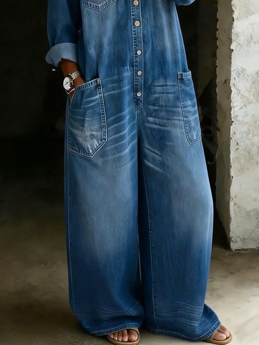 Blue Casual Women's Collared Regular Loose Wide Leg Denim Jumpsuit - Picture 2 of 2